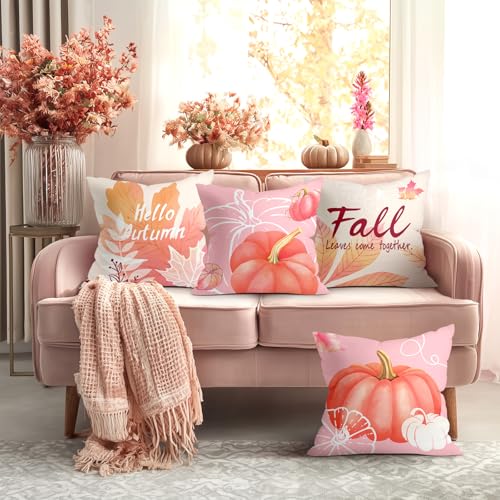 Fall Pink Pumpkin Throw Pillow Cushion Covers - Set of 4, 18x18