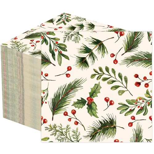 100PCS Christmas Holly Cocktail Napkins 5x5 Inches Disposable Holiday Tableware