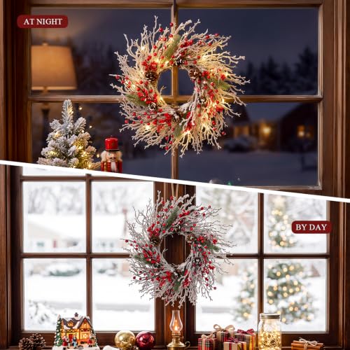 22-Inch Christmas Wreath for Front Door with Branch Variation - Pre-Lit Holiday Decor