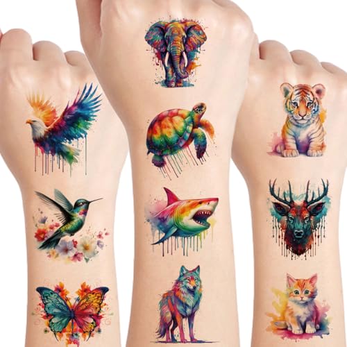 Watercolor Animals Temporary Tattoos for Kids - 10 Sheets Waterproof Body Art