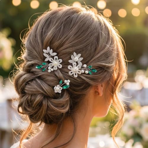 CASDRE Green Crystal Pearl Wedding Hair Pins Bridal Hair Pieces (Pack of 3)