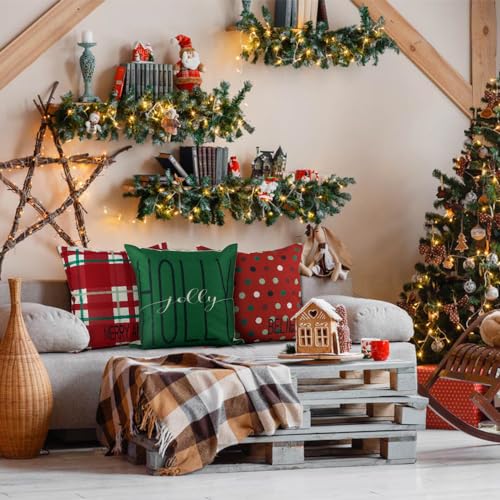 Red Green Christmas Pillow Covers 18x18 Inches - Festive Holiday Cushion Cases Set of 4
