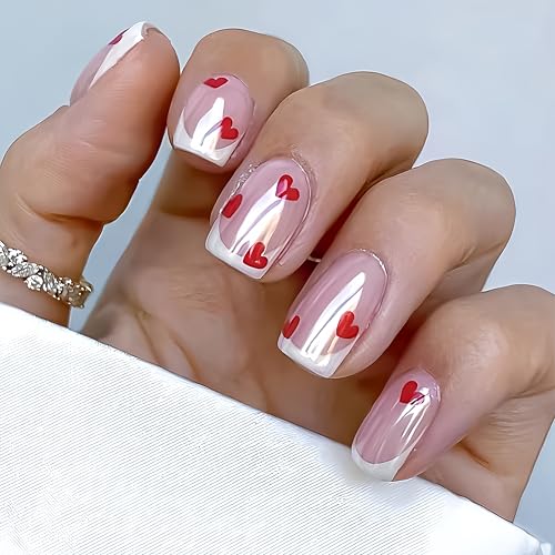 Valentine Press on Nails Short Square French Heart Fake Nails Acrylic