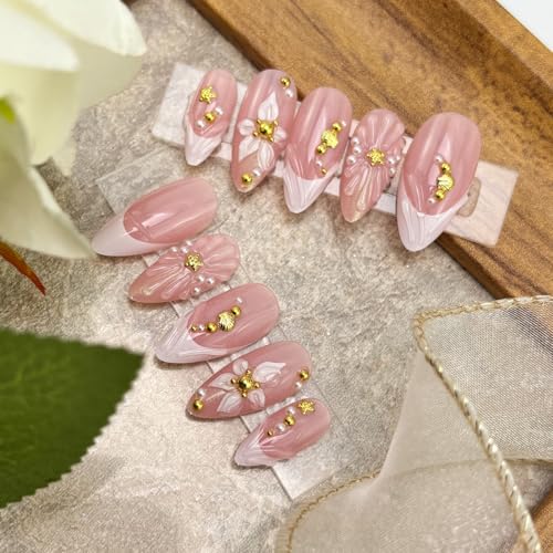24Pcs Medium Almond Press on Nails with 3D Floral French Tip Design