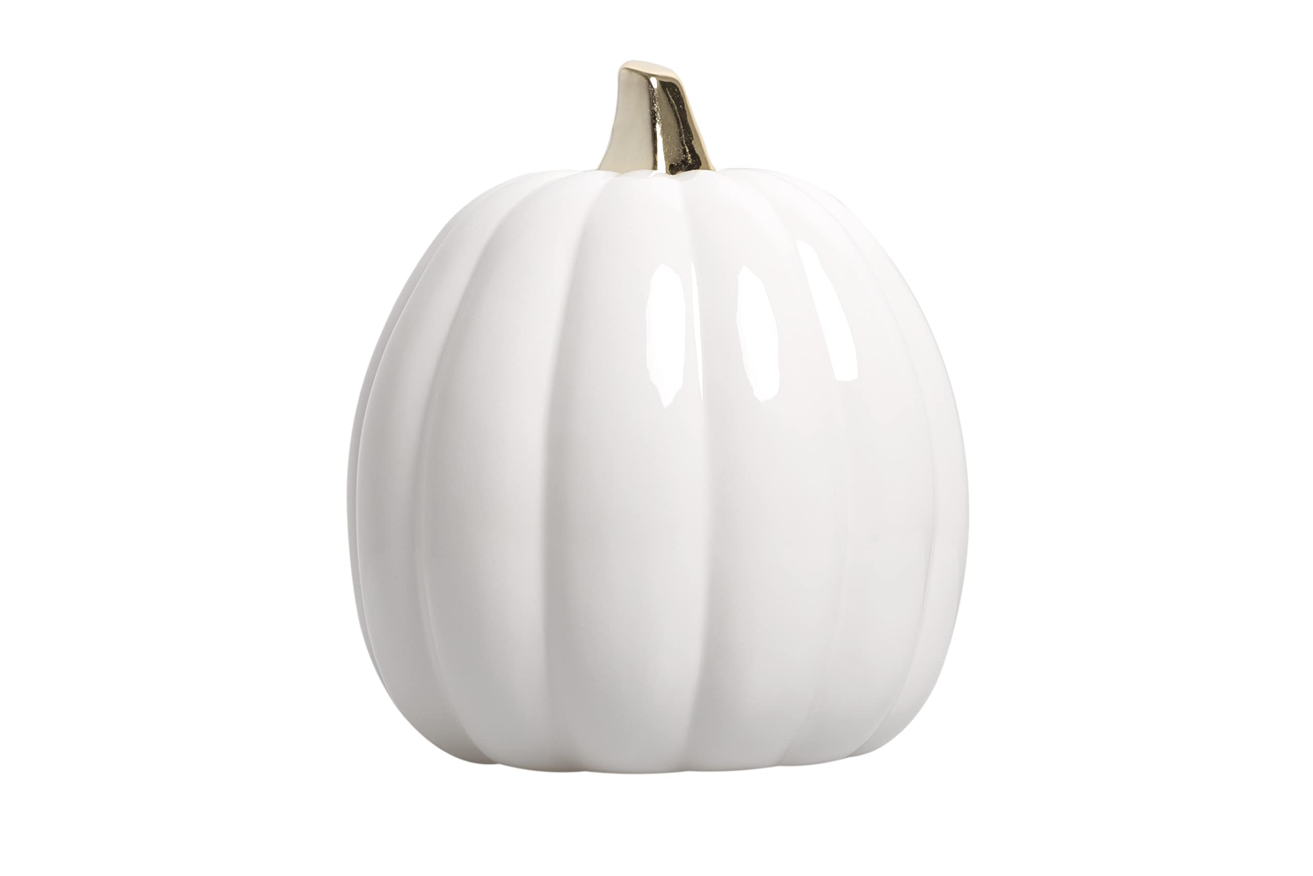 Pearhead Ceramic Pumpkin Fall Decor with Gold Stem, White