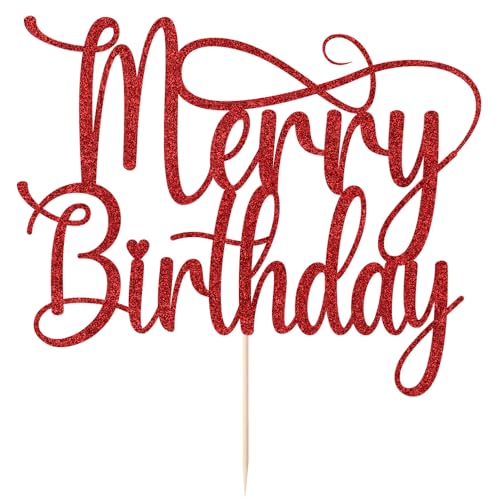 Red Glitter Merry Birthday Cake Topper for Christmas Parties