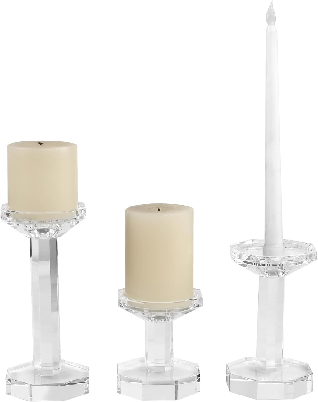 Skiennix Crystal Candlestick Holders - Set of 3 Clear Holders for Taper & Pillar Candles | Elegant Table Centerpieces (4''/6''/8'' Tall)