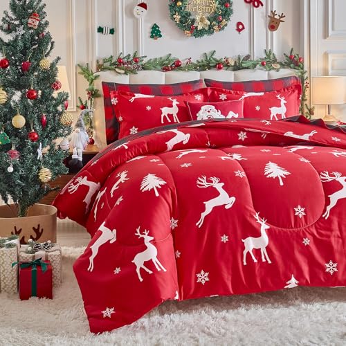 Christmas Bed in a Bag 6 Pieces Twin Set Deer Red Snowflake Holiday Bedding - Deer Red / Twin-6 Pieces
