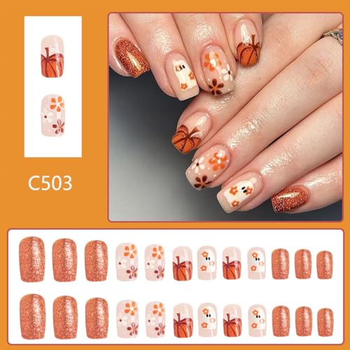 Halloween Press on Nails Medium Square Cute Ghost Pumpkin Fake Nails Kit