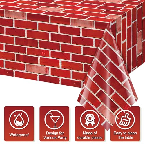 3 Pack Red Brick Tablecloths 108x54 inch - Disposable Plastic Covers