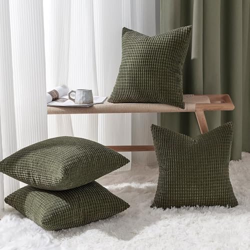 Topfinel Set of 4 Soft Corduroy Decorative Pillow Covers - Olive Green Boho Stripe