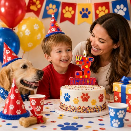Number 3 Birthday Candle, Red Paw Print Cake Topper for Puppy Themed Party