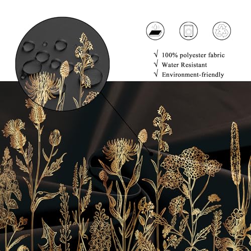 Riyidecor Floral Shower Curtain - Narrow 48"W x 72"L Black & Gold Botanical