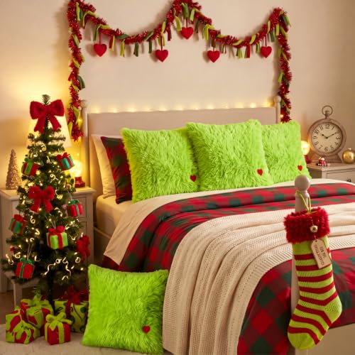 Christmas Elf Faux Fur Pillow Covers 18x18 Inches - Set of 2 - Green