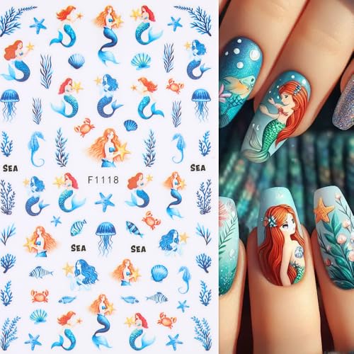 SIMAYKUWA Summer Ocean Nail Stickers Mermaid Dolphin Decals 4 Sheets