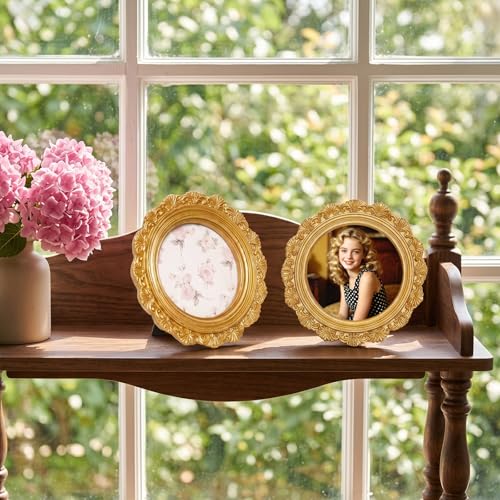 3x3 Round Vintage Picture Frame, Antique Bronze Ornate Mini Photo Frame