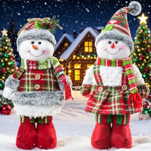 2pcs 18-Inch Standing Snowman Christmas Decor with Knitted Hat & Scarf - Holiday Tabletop Figurines