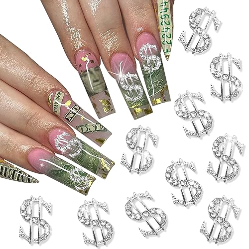 RODAKY 10PCS Silver Dollar Sign Nail Charms 3D Rhinestone Gems