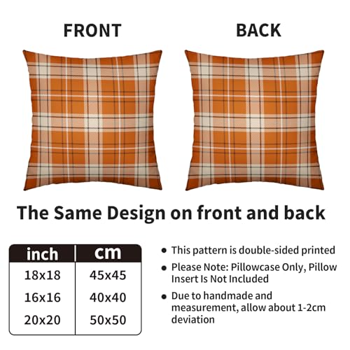 Fall Plaid Pillow Covers 18x18, Set of 2 Burnt Orange Cream Cotton Linen