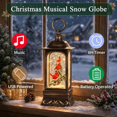 Musical Cardinal Snow Globe Lantern with Swirling Glitter - 10.6 Inch Festive Christmas Decor - 3 Cardinals Variation