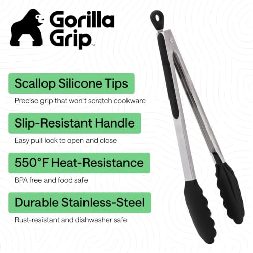 Gorilla Grip Stainless Steel Kitchen Tongs 2 Pack, Black, 9" & 12" - Heat Resistant & Non-Slip Grip