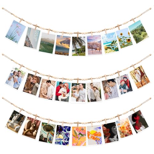 Boho Hanging Photo Display with Clips - 3 Pack Wooden Bead Garland