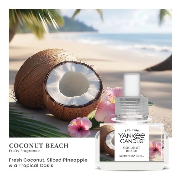 Yankee Candle ScentPlug Refill for Plug in Air Fresheners, Scented Oil Refills, Long Lasting Home Fragrance, Coconut Beach (Pack of 4)