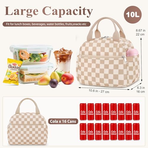 KUBYA Corduroy Insulated Lunch Bag for Women, Medium 10L Brown Girds