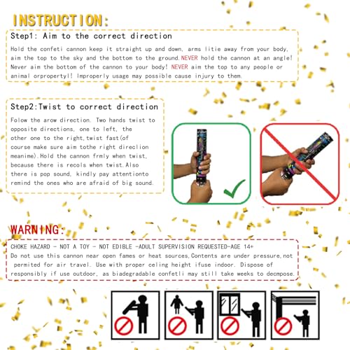 12" Black Gold Confetti Cannon Party Poppers - Set of 2