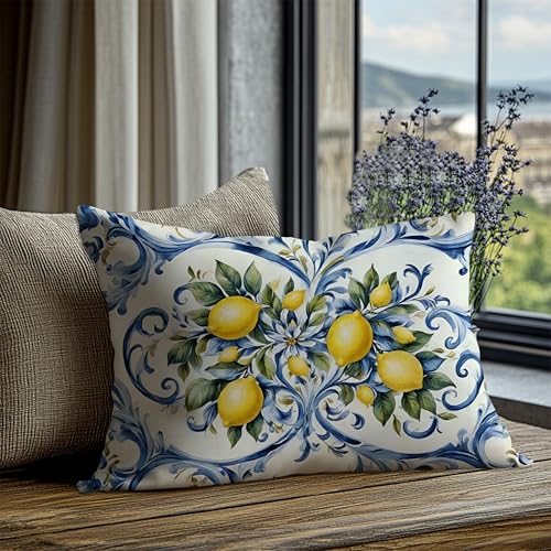 EUYTHNGYF 20x12 Blue Porcelain Lemon Coastal Pillow Cover - Italian Lemon Fruit Home Decor