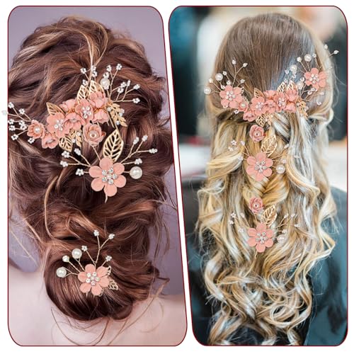 5-Piece Pink Bridal Hair Pins & Comb Set with Pearls and Rhinestones