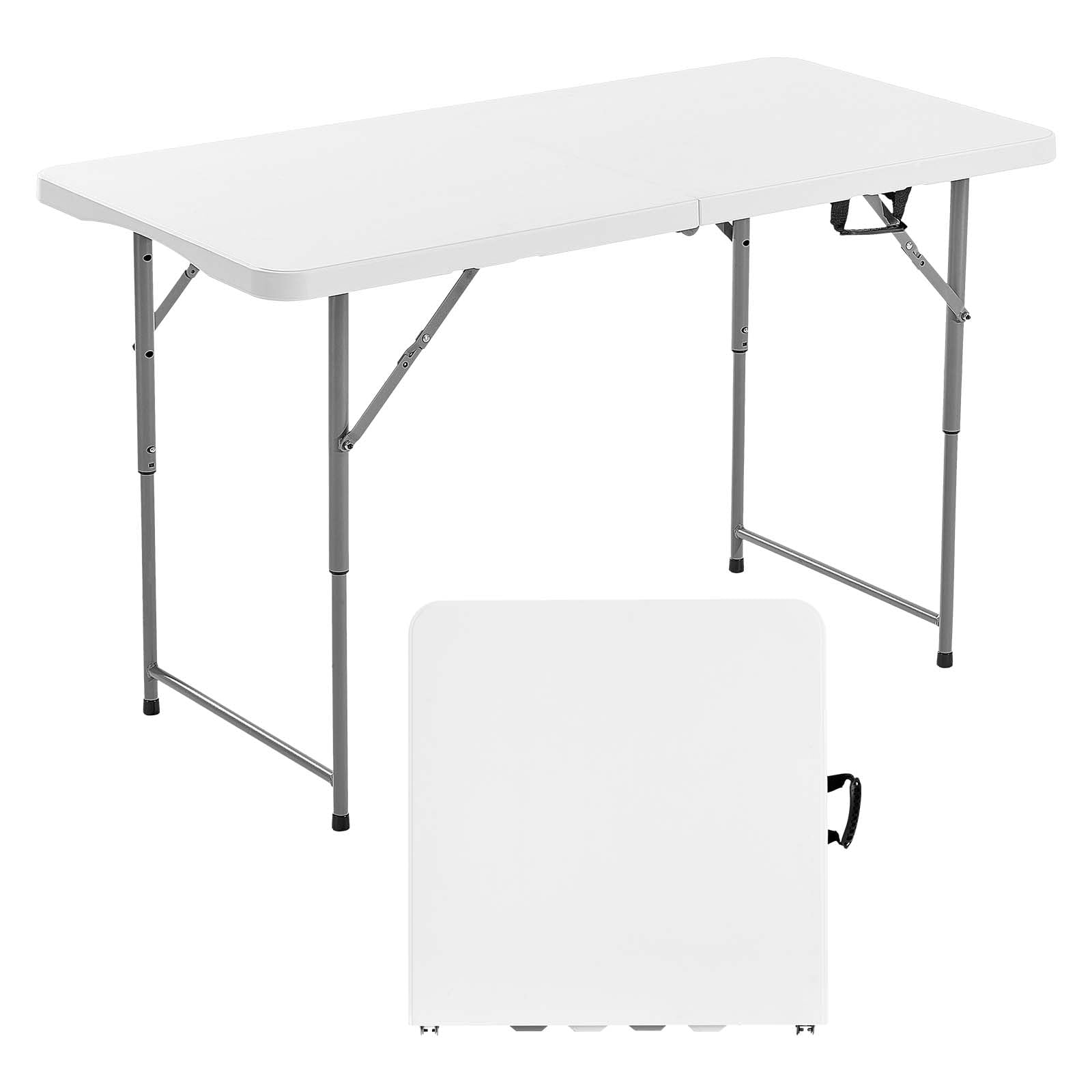 VEVOR Folding Table, Heavy Duty Portable Fold-in-Half Utility Table, Indoor Outdoor Plastic Rectangle Table with Built in Handle, for Party, Dining, Wedding, Events, Picnic, Camping, 4 ft, White