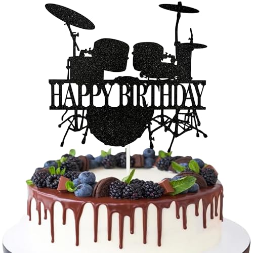 Music Theme Birthday Cake Topper - Black Glitter Drum Decoration