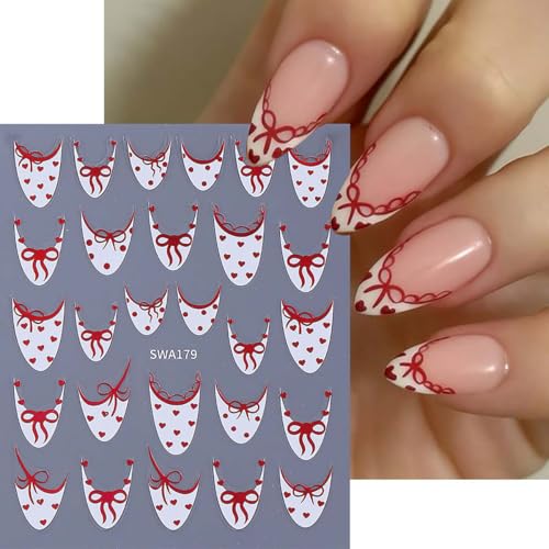 French Nail Stickers 6 Sheets Self-Adhesive Red Black Bow Heart Decals