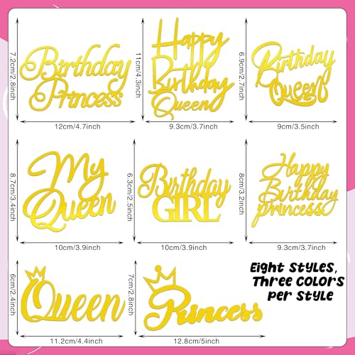 24PCS Queen Birthday Cake Toppers - Black, Gold & Silver Decorations