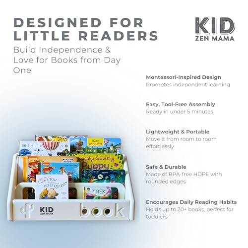 Kid Zen Mama Kids Bookshelf – 3-Tier Montessori Bookcase, Small Storage for Toddlers, Lightweight, BPA-Free HDPE, Rounded Edges, Tool-Free Assembly, Easy to Clean, Perfect for Nursery and Playroom