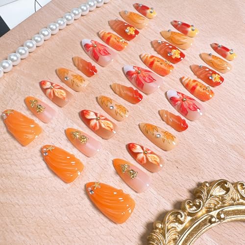 Fall Press on Nails Medium Almond White French Tip Fake Nails with Charms