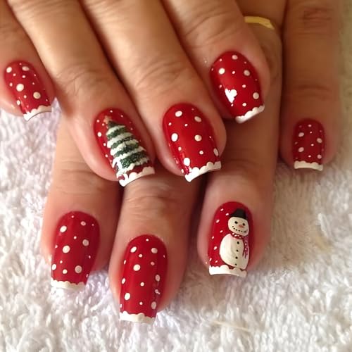 Christmas Snowman Press on Nails French Tip Glossy Red Fake Nails