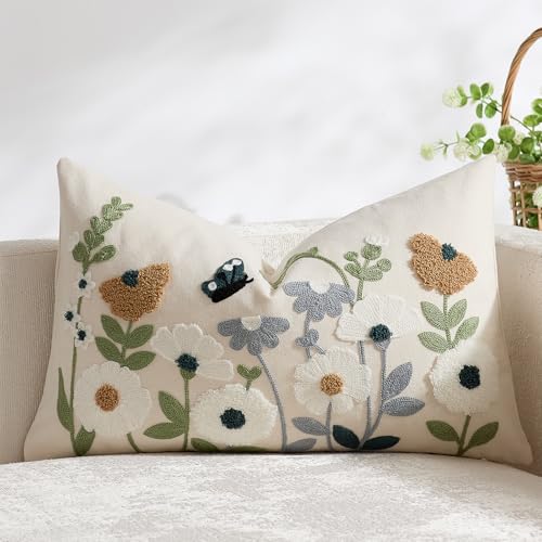 DEZENE Floral Embroidered Lumbar Pillow Cover 12x20 for Spring Decor