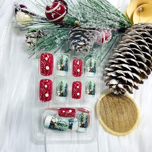 Christmas Press on Nails French Tip Short Square False Nails Winter Art