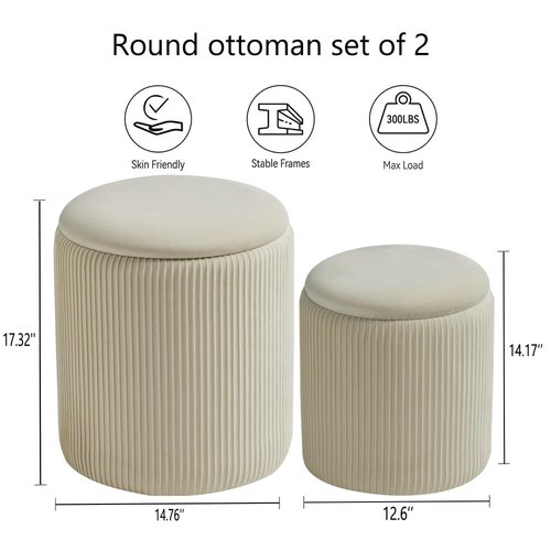 BLEXA Round Ottoman with Storage Set of 2-Upholstered Velvet Vanity Stool for MakeupMultifunctional Ottomans Coffee Table Padded Seat Foot Rest for Living Room&Bedroom(White-Upgrade Tray Lid)