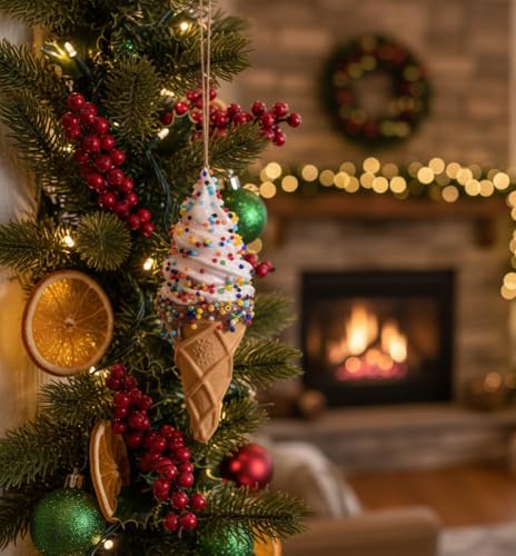 Set of 2 Whimsical Holiday Ice Cream Cone Ornaments - Fun Christmas Decor