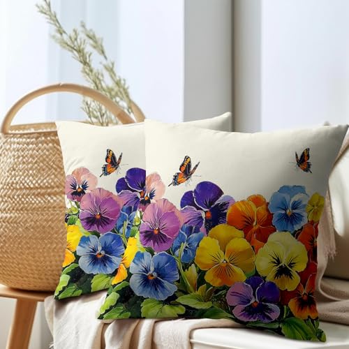 Spring Decorative Pillow Covers, 18x18 Inch Set of 2 - Pansy & Butterfly