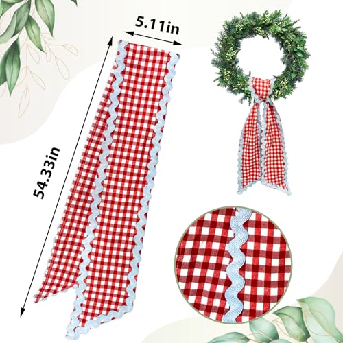 Blue Red Buffalo Plaid Wreath Sash - 54.33" Satin Tie for Front Door
