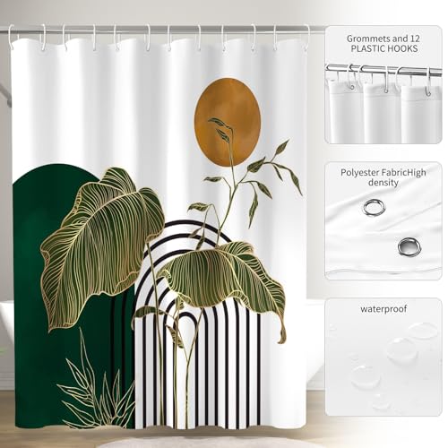 Mid Century Dark Green Shower Curtain with Tropical Leaves - 72x72