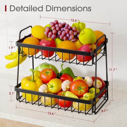 Black 2-Tier Fruit Basket with Removable Banana Hanger - Space-Saving Kitchen Organizer