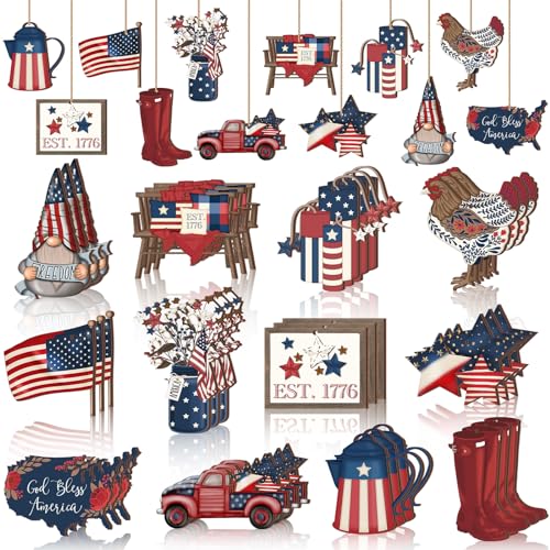Patriotic Christmas Ornaments Set - Wooden 36 pcs Red White Blue Holiday Decor