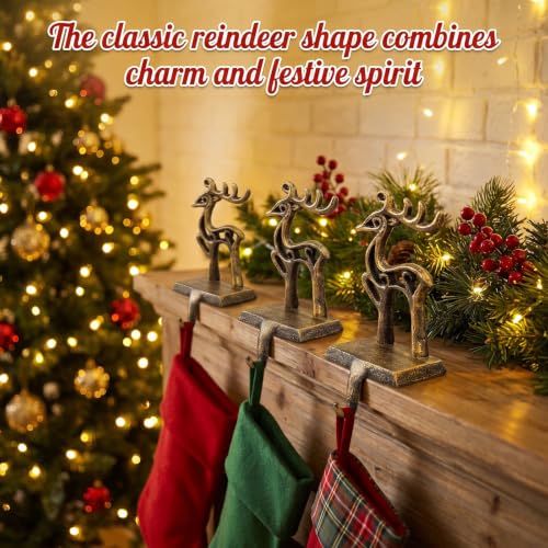 Reindeer Christmas Stocking Holders Set - Heavy Duty Cast Iron Mantel Hooks - Rustic Holiday Home Decor