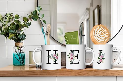 Initial E Monogram Mug - Floral Botanical Alphabet 11 Oz Ceramic Tea Coffee Cup - White Variation