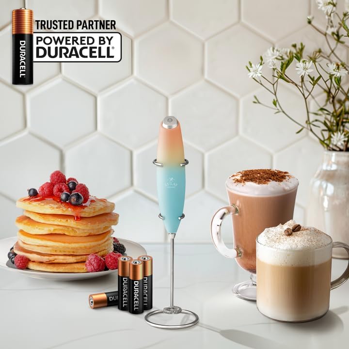 Zulay Kitchen Milk Frother Wand - Ultra-Fast Handheld Drink Mixer with 4 AA Duracell Batteries | Perfect for Coffee, Lattes, Cappuccino, Matcha & Creamer - Sunrise
